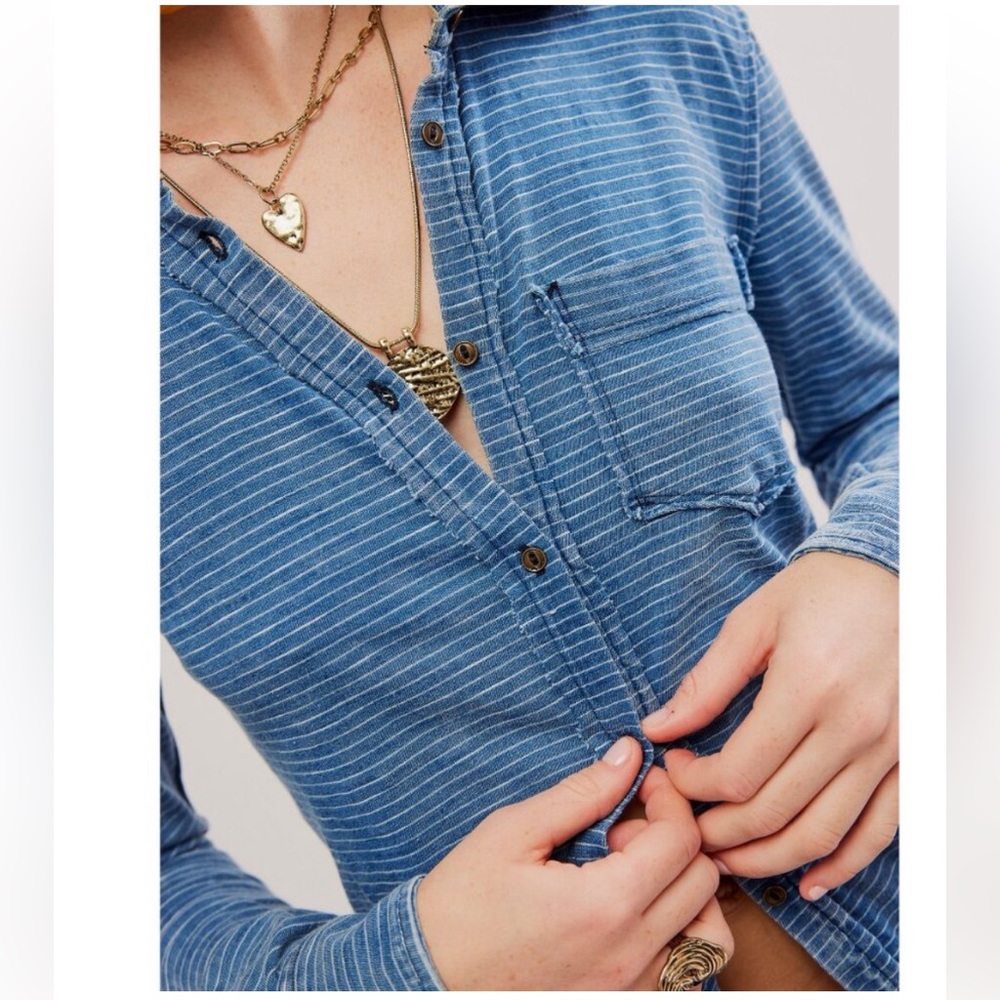 Free People Blue Striped Button Down Shirt